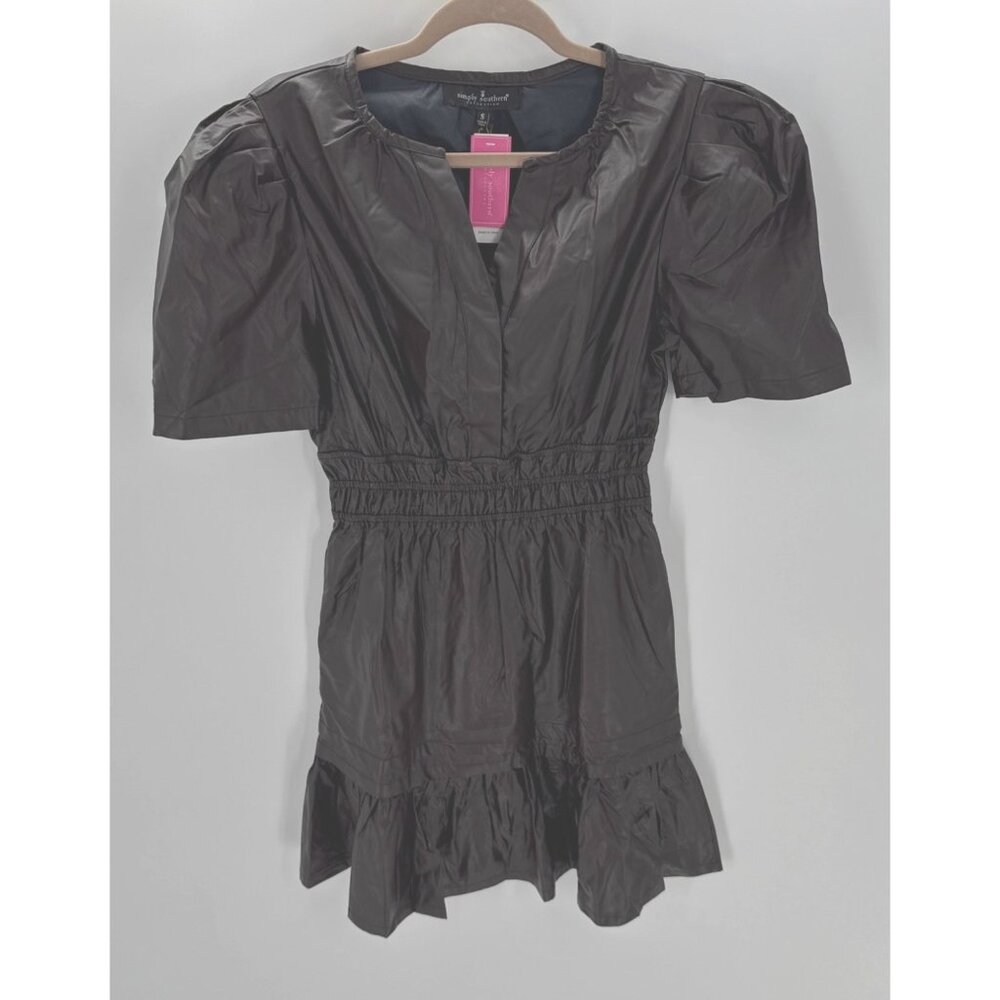Simply Southern Womens Short Puff Sleeve Black Faux Leather Dress Size Small